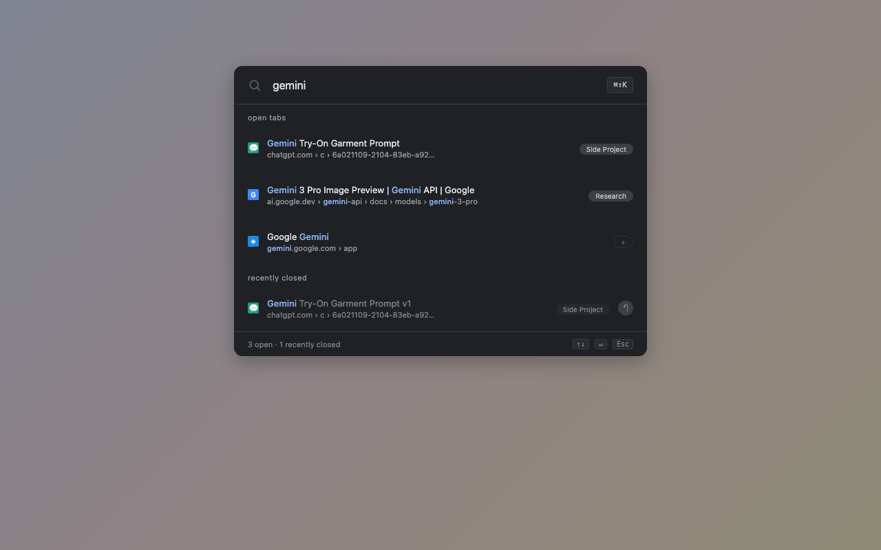 Tab Finder overlay searching tabs across windows